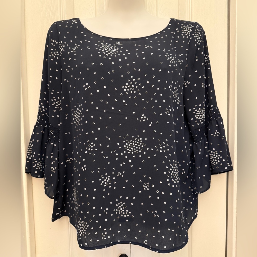 Ann Taylor Navy Blouse with Dot Geometric Print